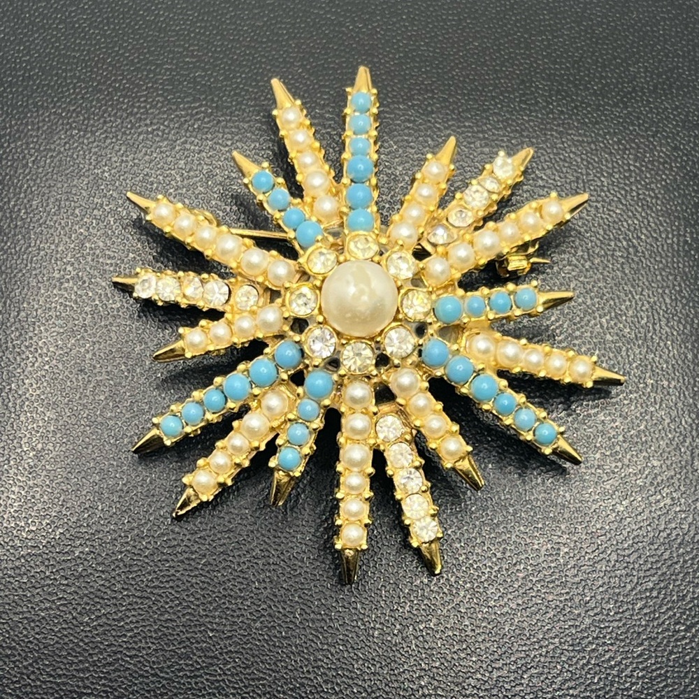 MCM starburst faux pearl turquoise rhinestone vintage brooch pin gold tone - Picture 2 of 14